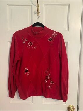 Red Embroidered Floral Mock Neck Top